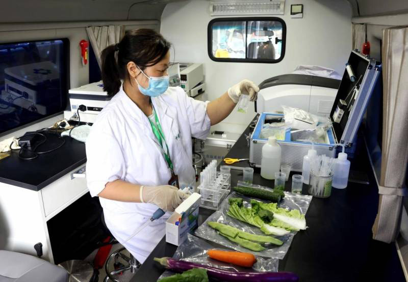 工作人员利用食品安全检测仪检测蔬菜中的农药残留